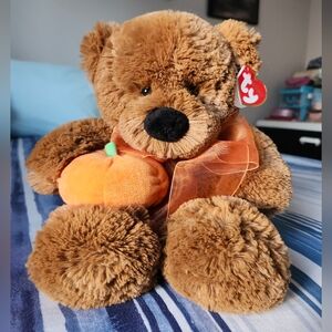Ty Classic "Carver" (Brown Teddy Bear with Orange Pumpkin)